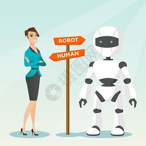 年轻的天主教女和机器人站在路牌上有两条道路人类和机器与之间的选择概念矢量漫画插图方形布局人与之间的选择图片