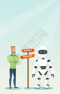 年轻的天主教男子和机器人站在路牌上有两条径人类和机器与之间的选择概念矢量漫画插图垂直布局人与之间的选择图片
