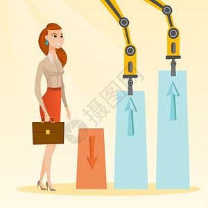 站在机器人手臂拉起的商业图表旁边年轻causin商业妇女看着机器人手臂抬起的图表矢量漫画插图方形布局机器人手臂抬起商业图表图片