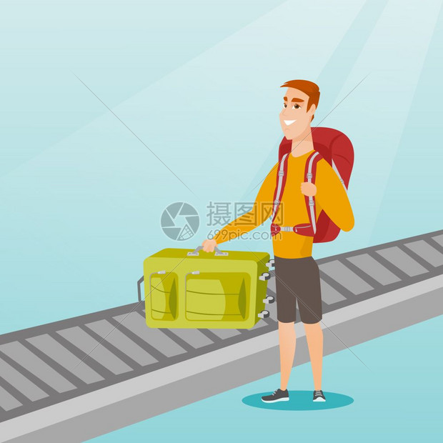 从机场的行李运输带取箱年轻快乐的乘客从传送带取行李矢量漫画插图方形布局男子从传送带取行李箱图片
