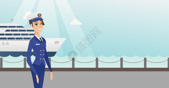 身着制服的年轻船长身着海岸背景矢量漫画插图横向布局在港口身着制服的天主教船长图片