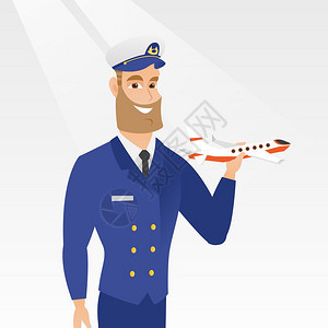 手持飞机模型的年轻天主教航空飞行员穿着制服的流行航空飞员与机模型一起微笑的飞行员矢量漫画插图方形布局与飞机模型一起愉快的航空飞行图片