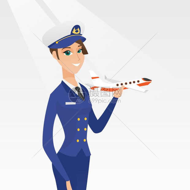 年轻causin航空公司飞行员手持机模型快乐的女航空公司飞行员穿制服微笑的飞行员拿着机模型矢量漫画插图广场布局愉快的航空公司飞行插画图片下载 ...