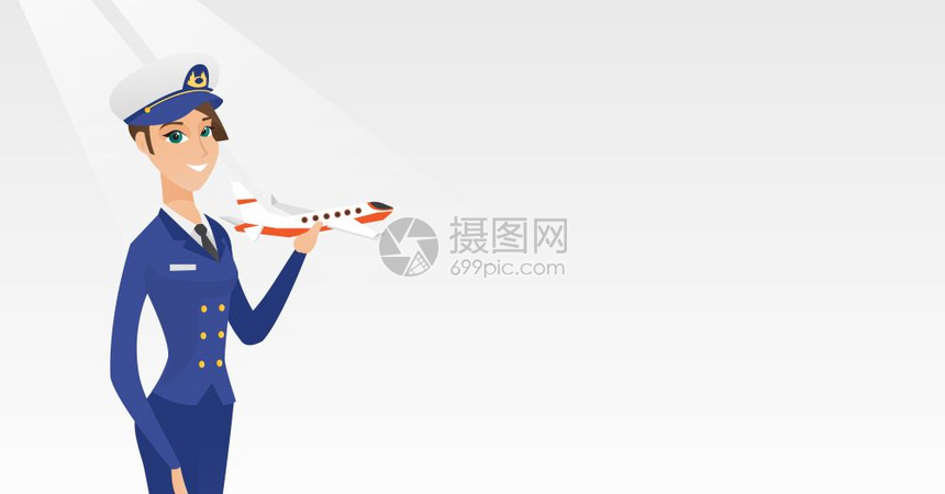 年轻的天主教航空飞行员手持机模型快乐的女航空飞行员穿制服微笑的飞行员拿着机模型矢量漫画插图水平布局愉快的航空公司飞行员拿着机模型插画图片下载 ...
