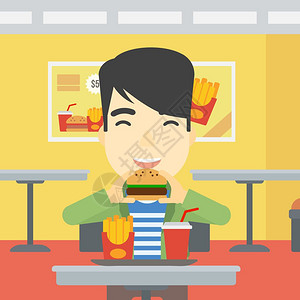 一个吃汉堡的亚洲年轻人一只眼睛闭着咬汉堡的快乐男人正准备在咖啡馆里吃美味的汉堡矢量平板设计图方形布局男人吃汉堡的矢量图图片