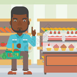一名非洲美国人持有一篮子健康食品拒绝在超市背景矢量平面设计图上提供垃圾食品图片