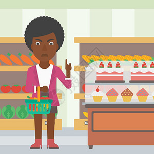 一名非洲美国妇女拿着一篮子健康食品拒绝在超市背景矢量平板设计图上提供垃圾食品图片