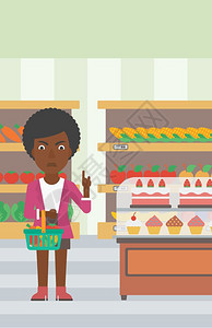 一名非洲美国妇女拿着一篮子健康食品拒绝在超市背景矢量平板设计图上提供垃圾食品图片