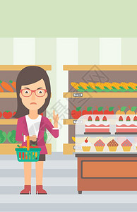 一名持有篮子健康食品的妇女拒绝在超市背景矢量平板设计图上提供垃圾食品图片