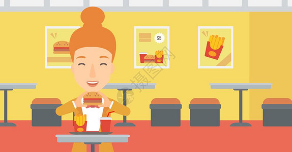 一位在咖啡馆背景矢量平面设计图上吃汉堡的快乐女人横向布局一位吃汉堡的女人图片