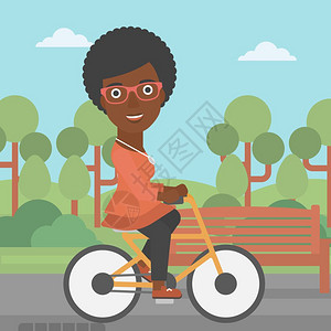 一名非洲美国妇女骑自行车在公园矢量平板设计图中图片