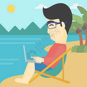 一名亚裔青年商人在海滩上工作一名商人坐在沙发休息室笔记本电脑上工作矢量平板设计插图广场布局一名商人在海滩上从事笔记本电脑工作图片