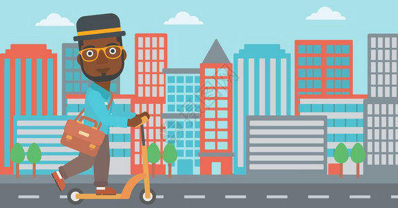 一名非美男子骑着公事包在城市背景矢量平面设计图示上工作图片