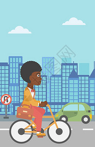 一名拥有公文包的非洲美妇女骑着公文包从事城市背景矢量平面设计插图垂直布局骑自行车上班的妇女图片
