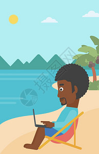 一名非裔美国人商坐在沙滩上发休息室的滩上在笔记本电脑矢量平面设计图上工作图片