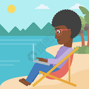 一位非裔美国女商人坐在沙滩上发休息室的滩上工作在笔记本电脑矢量平面设计图上图片