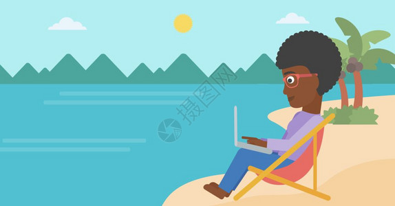 一位非裔美国女商人坐在沙滩上发休息室笔记本电脑矢量平面设计图上工作横向布局一位女商人坐在沙发休息室用笔记本电脑图片