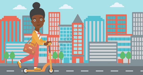 一名非美籍妇女骑着公事包在城市背景矢量平面设计图示上工作图片