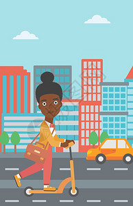 一名非洲美妇女骑着公事包在城市背景矢量平面设计图示上工作图片