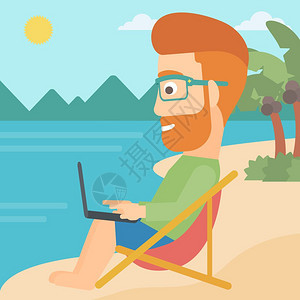 坐在沙滩上的长胡子商人坐在沙滩上丘休息室笔记本电脑矢量平面设计插图上工作图片