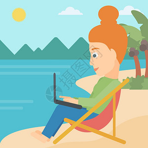 一名商业妇女坐在沙滩上发休息室笔记本电脑矢量平板设计图上工作商业妇女用笔记本电脑坐在沙发休息室图片