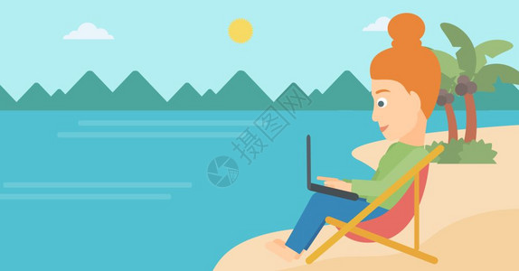 坐在沙发休息室滩上的一名商业妇女在笔记本电脑矢量平面设计图上工作横向布局商业妇女用笔记本电脑坐在沙发休息室图片