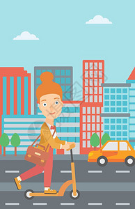 一位骑公事包的女士骑着公事包去摩托在城市背景矢量平面设计图上工作垂直布局骑着摩托车的妇女图片