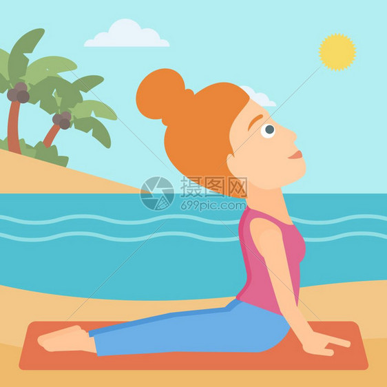 一名在海边矢量平面设计插图上做瑜伽的女子图片