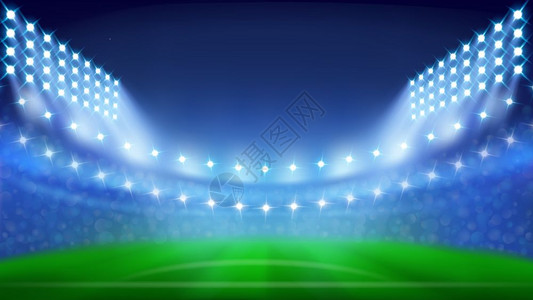 运动场以绿草座位和灯光为模糊的体育场以绿草座位和灯光为体育场以游戏布局为现实的三维插图图片