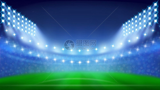 运动场以绿草座位和灯光为模糊的体育场以绿草座位和灯光为体育场以游戏布局为现实的三维插图图片