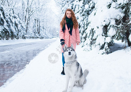 下雪的冬天年轻女子带着狗狗在公园散步图片