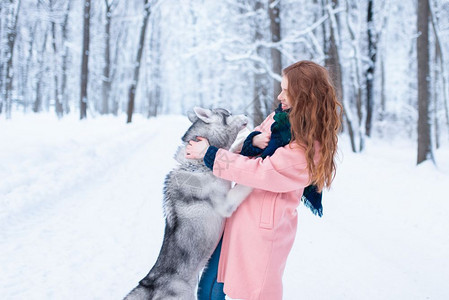下雪的冬天年轻女子带着狗狗在公园一起玩耍图片