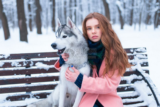 下雪的冬天年轻女子带着狗狗一起坐在公园的长凳上图片