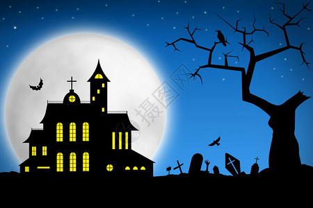 墓园和闹鬼屋的树对抗大月亮图片