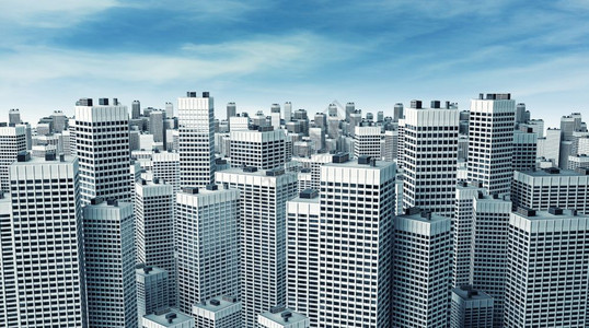 许多现代办公大楼组成一个建筑块以抵御美丽的蓝色天空图片