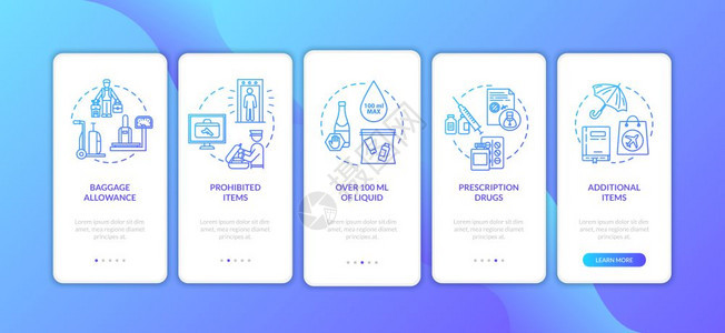 机场行李处理通过五步图示指ui矢量模板配有rgb彩色插图图片