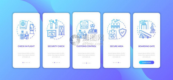商业航班登机经过五步图形指示ui矢量模板配有rgb彩色插图图片