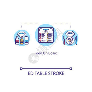 飞机营养航空公司服务飞机瘦线插图乘客的餐点和饮料菜单矢量孤立的大纲rgb彩色图画可编辑的中风图片