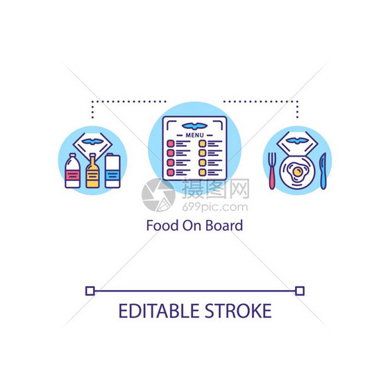飞机营养航空公司服务飞机瘦线插图乘客的餐点和饮料菜单矢量孤立的大纲rgb彩色图画可编辑的中风图片