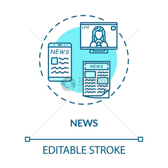 大众媒介公共新闻思想细线插图电视广播报纸和在线资源矢量孤立大纲rgb彩色图画图片