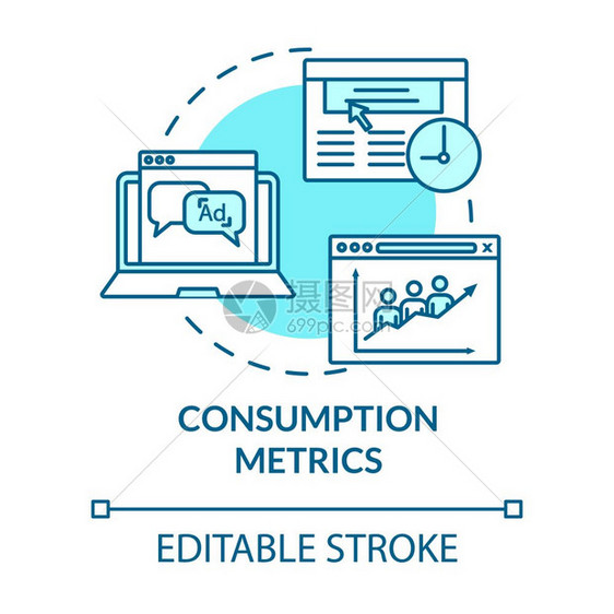 消费计量指标概念图营销统计分析在线交通客户满意率设想细线插图矢量孤立大纲rgb彩色图画可编辑的中风图片
