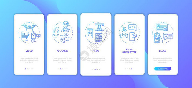 包含概念的移动应用程序页面屏幕上的数字内容创建者podcast博客新闻写作横穿5步图形指示ui矢量模板配有rgb色彩插图图片