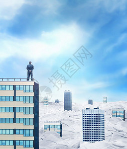 屋顶上的商人正看着城市的地平线沉在大城市的纸质文件中图片