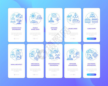 安装固定概念的移动应用程序页面屏幕上的海洋工程油田平台建设步行5图形指示配有rgb彩色插图的ui矢量模板图片