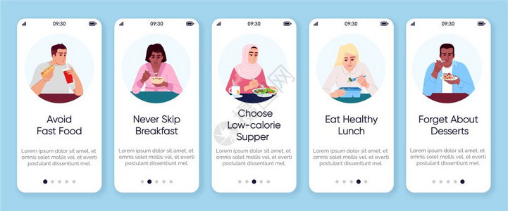 健康营养计划在手机应用程序屏幕矢量模板上登机均衡的饮食建议和小费与平板字符一起在网站上走过的步骤食物消费智能手机卡通uxig图片