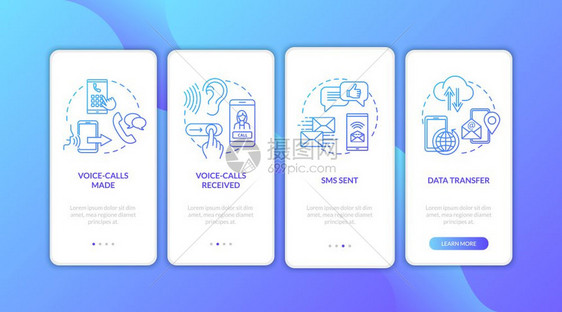 挂载移动应用程序页面屏幕上流动语音呼叫包含概念数据传输和sm移动服务横穿四步图形指示ui矢量模板带有rgb颜色插图图片