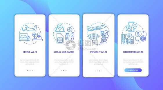 海外电信上载移动应用程序页面屏幕并带有概念的移动应用程序屏幕wif和本地Smpcard走过4步图形指示ui矢量模板配有rgb彩色图片