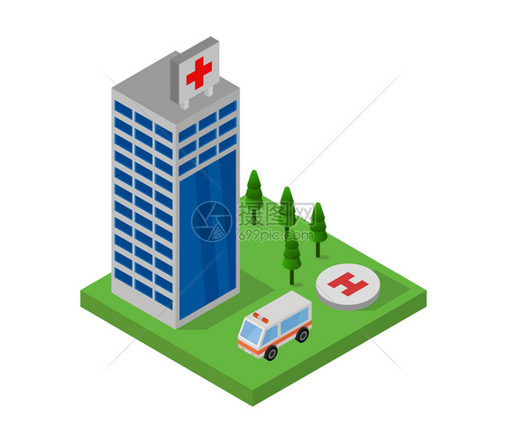 医院住院大楼救护车设计矢量图图片
