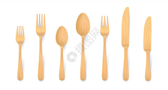 可生物降解的竹桌叉勺子和用天然可再材料制成的刀具3d矢量木制餐具现实的木制餐具可生物降解的竹制叉勺子和用天然可再材料制成的刀具图片