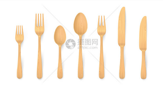 可生物降解的竹桌叉勺子和用天然可再材料制成的刀具3d矢量木制餐具现实的木制餐具可生物降解的竹制叉勺子和用天然可再材料制成的刀具图片